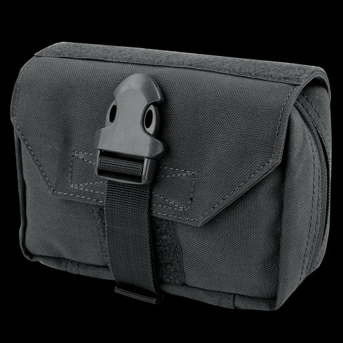 The Condor First Response Pouch is a black, rectangular nylon pouch with reinforced stitching, a plastic buckle flap, and MOLLE compatibility for secure attachment in emergency medical situations.